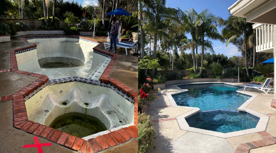 side by side image of before and after South County Pools remodeled an Orange County pool