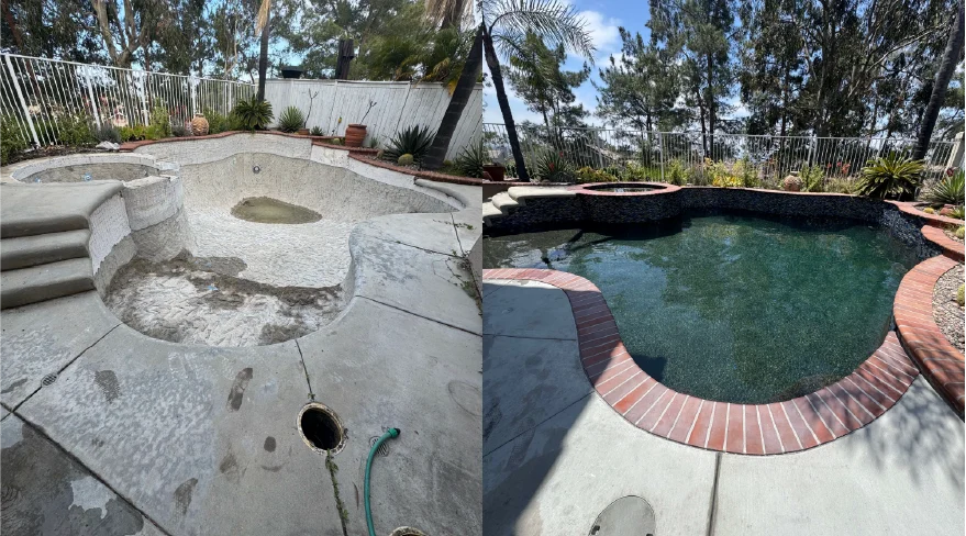 side by side image of before and after South County Pools remodeled an Orange County pool