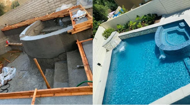 side by side image of before and after South County Pools remodeled an Orange County pool